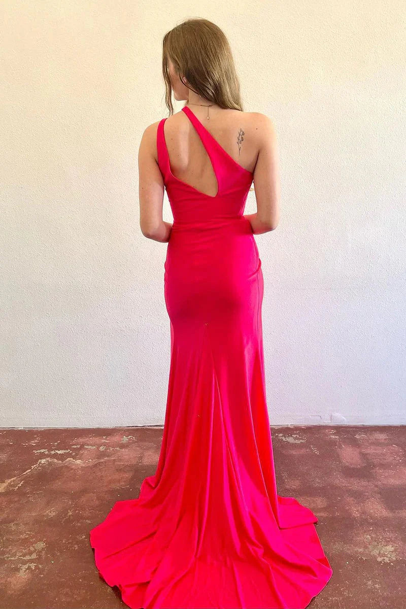 Mermaid Cute One Shoulder Red Elasitc Satin Long Prom Dress with Slit